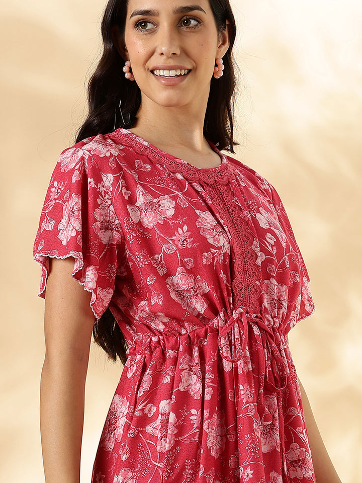 Salmon Red Floral Alpine Nighty for Women with Pocket