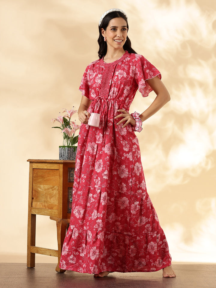 Salmon Red Floral Alpine Nighty for Women with Pocket