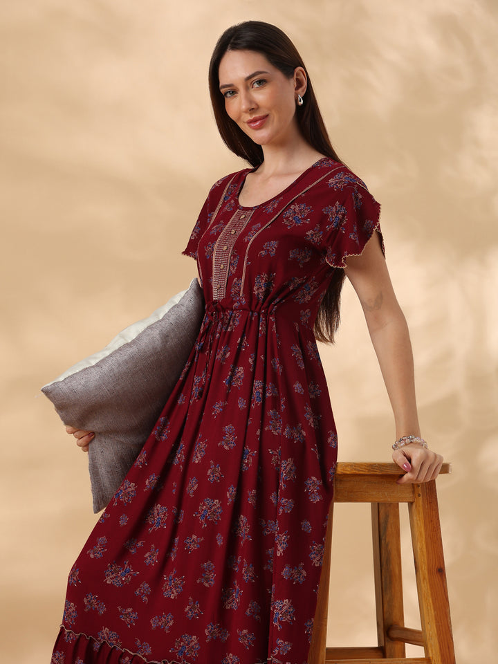 Blossom Maroon Alpine Designer Nighty for Women Relaxed Frock Style