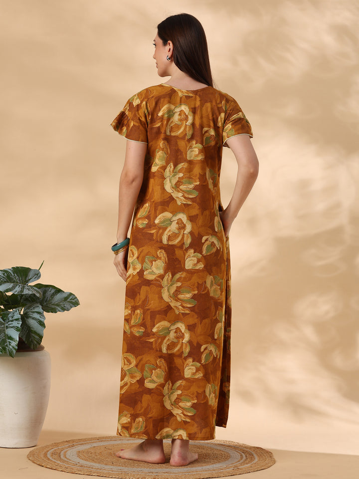Petal Mustard Floral Print Designer Nighty for Women Relaxed Fit
