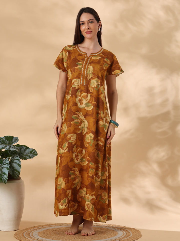 Petal Mustard Floral Print Designer Nighty for Women Relaxed Fit