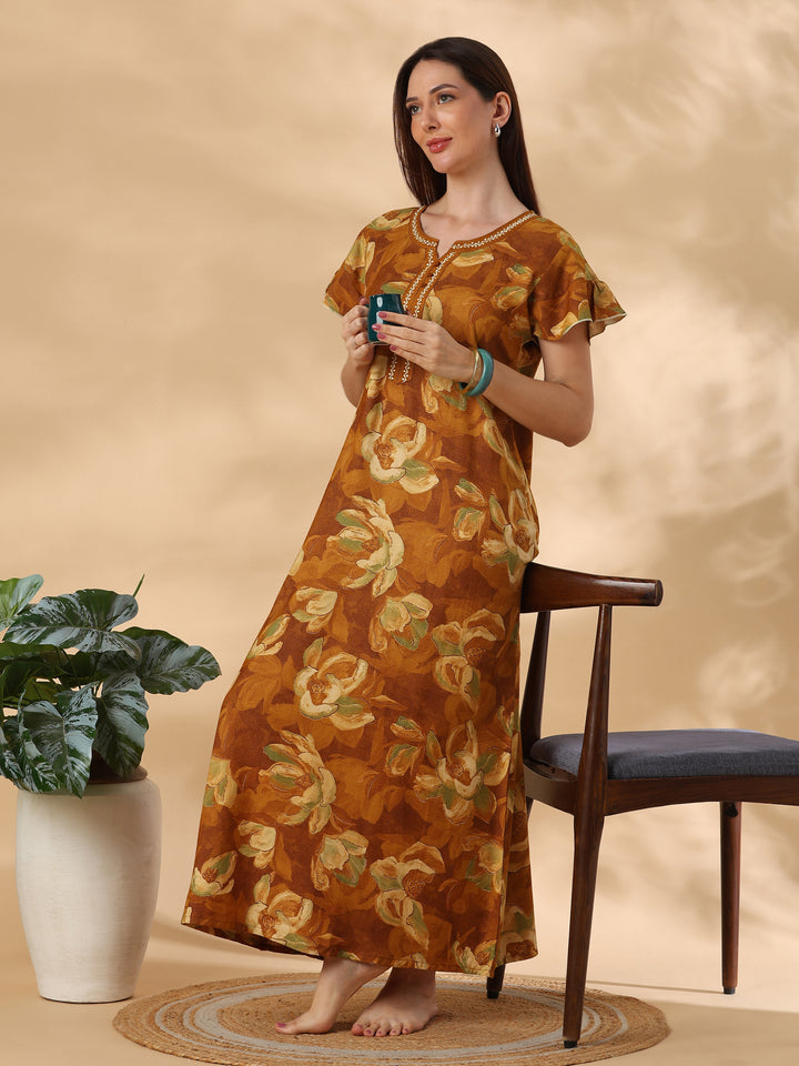 Petal Mustard Floral Print Designer Nighty for Women Relaxed Fit