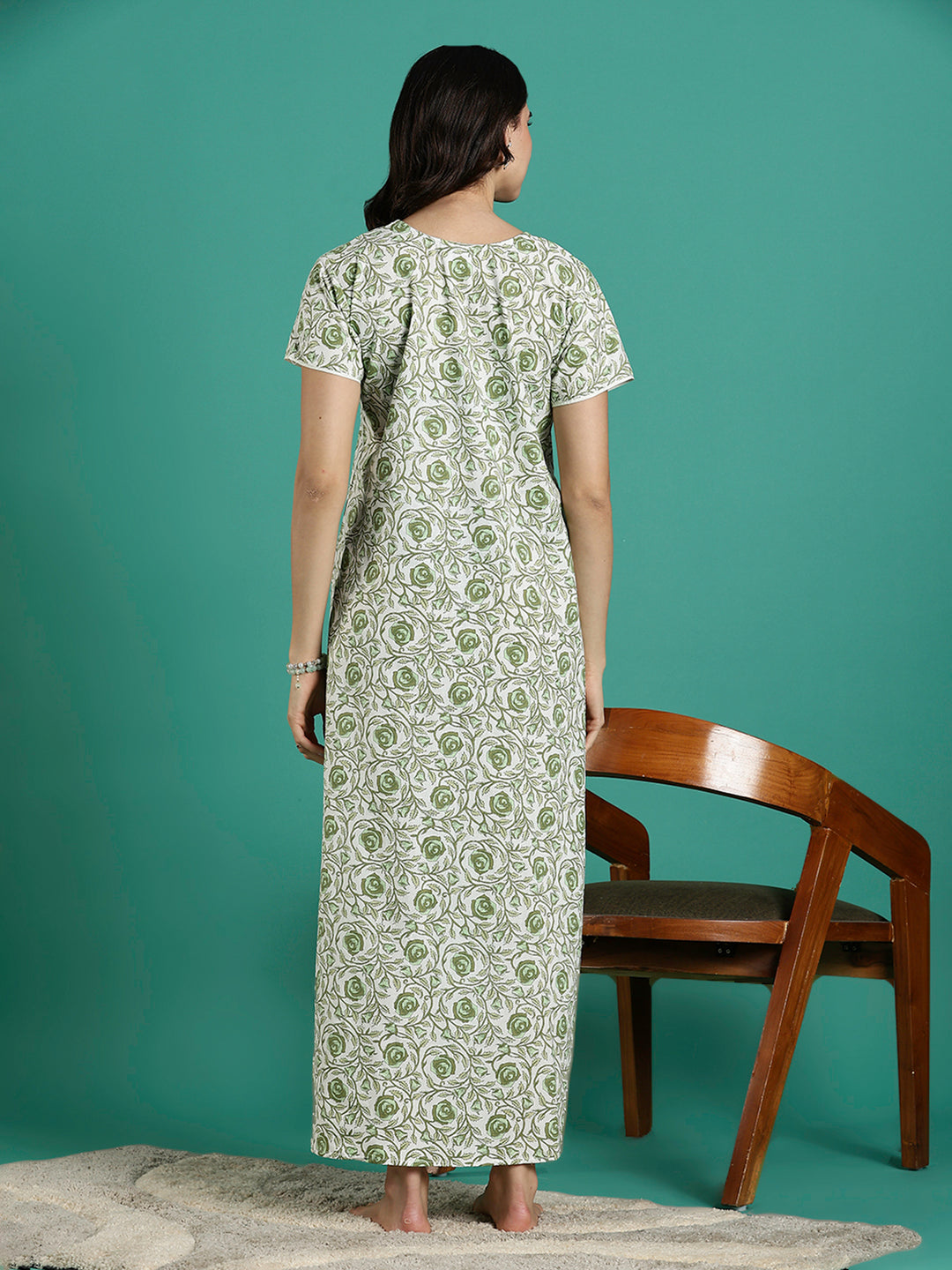 Rose Print Pure Cotton Nighty for Women with Embroidery Patch