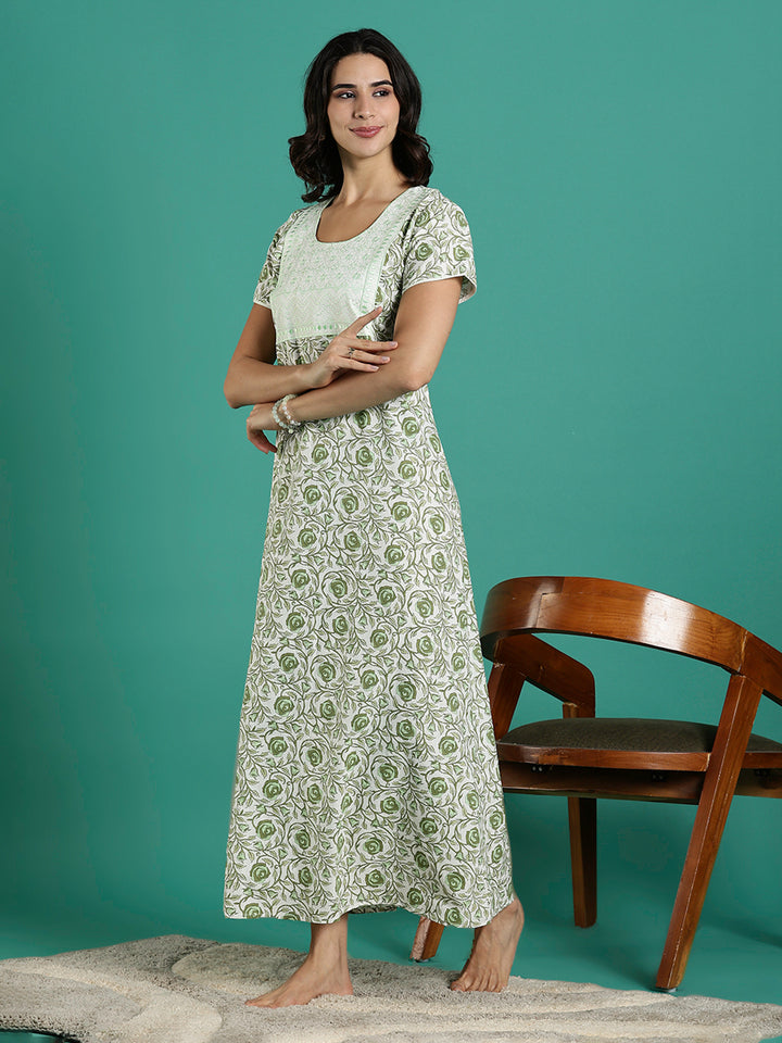 Rose Print Pure Cotton Nighty for Women with Embroidery Patch