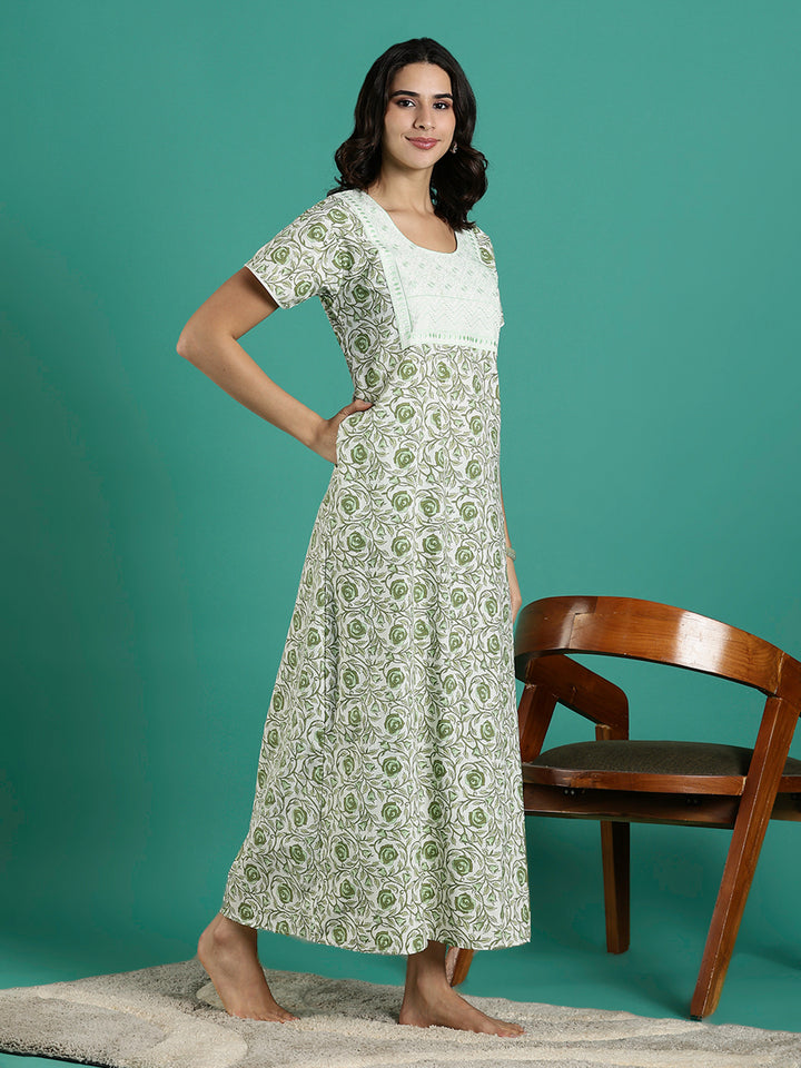 Rose Print Pure Cotton Nighty for Women with Embroidery Patch