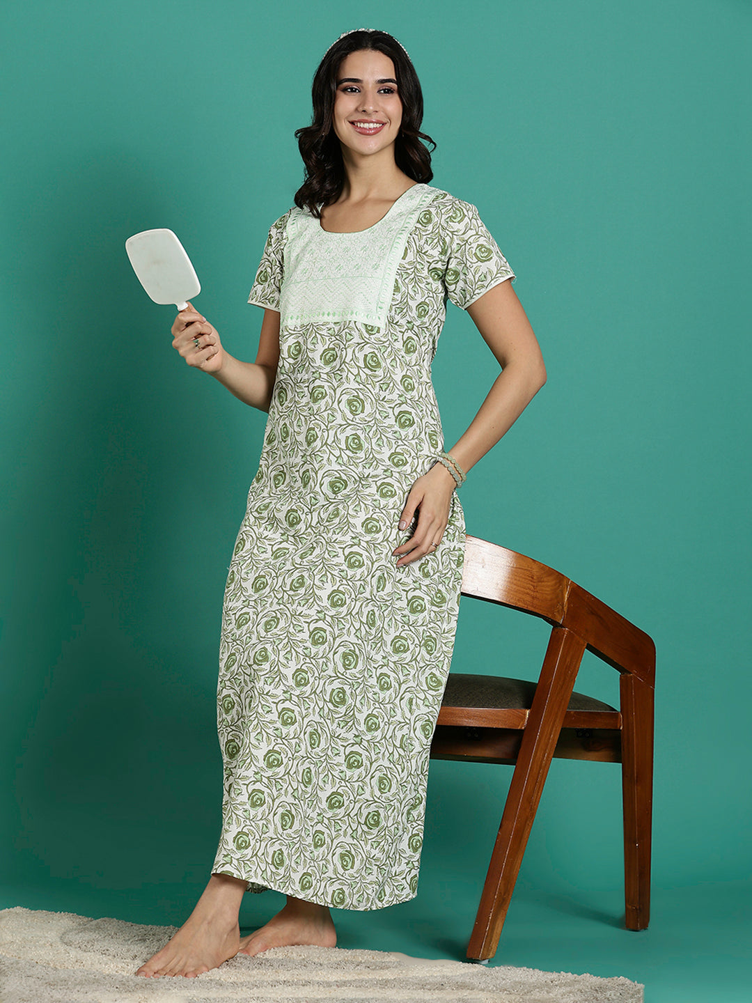 Rose Print Pure Cotton Nighty for Women with Embroidery Patch