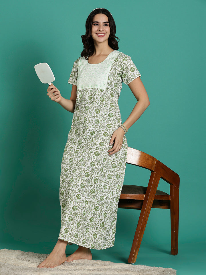 Rose Print Pure Cotton Nighty for Women with Embroidery Patch