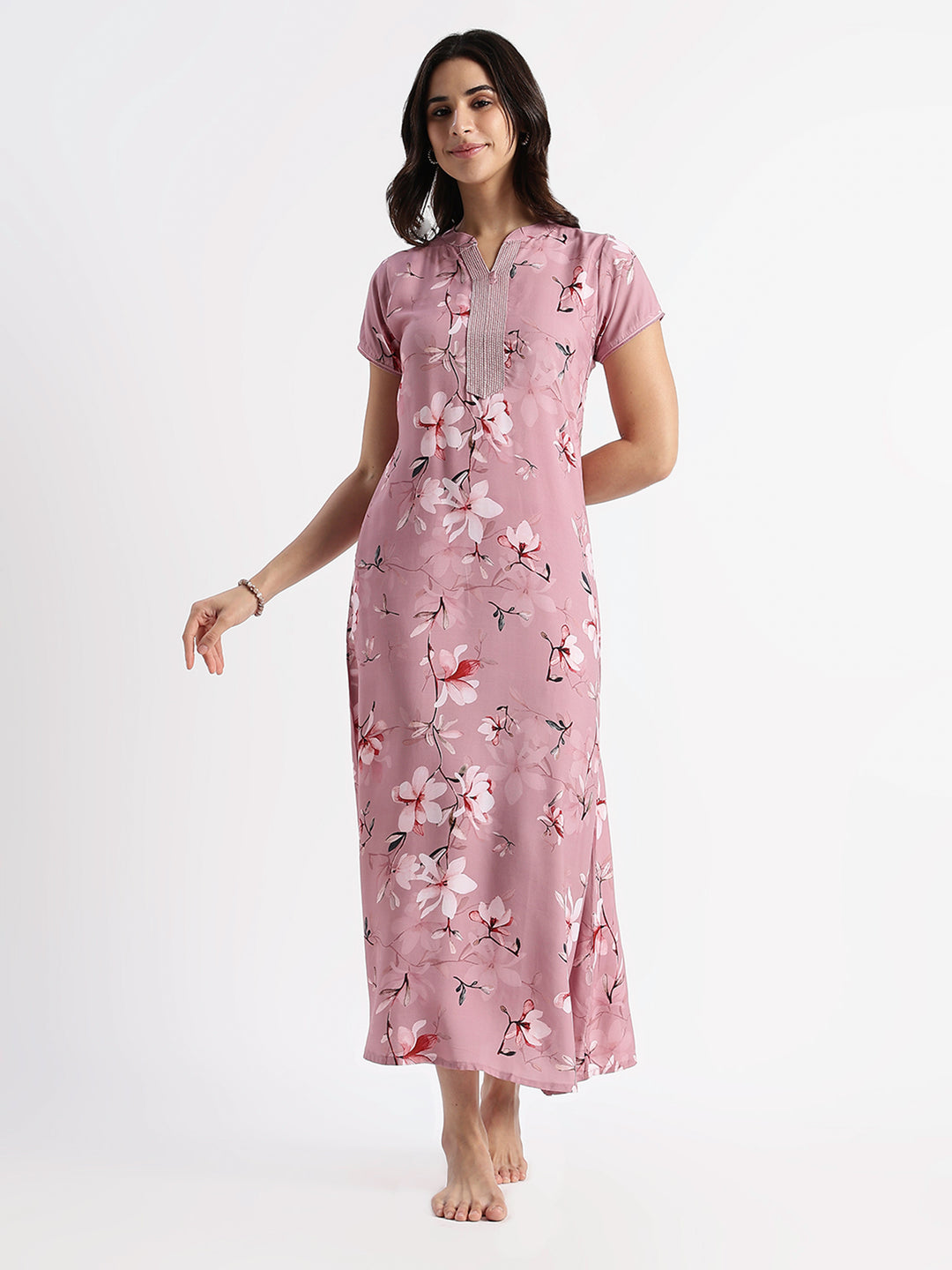 Dusty Rose Rayon Designer Nighty for Women with Floral Print