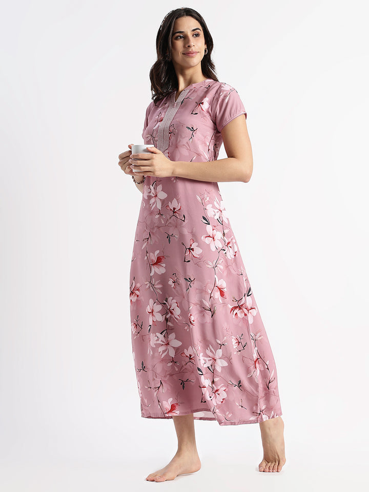 Dusty Rose Rayon Designer Nighty for Women with Floral Print