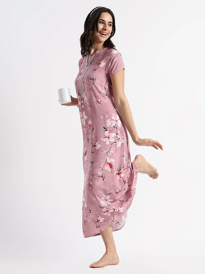 Dusty Rose Rayon Designer Nighty for Women with Floral Print