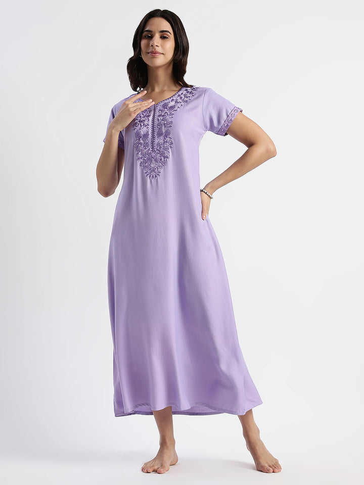 Sadabahar Peri Winkle Embroidered Nighty with Soft Alpine Fabric