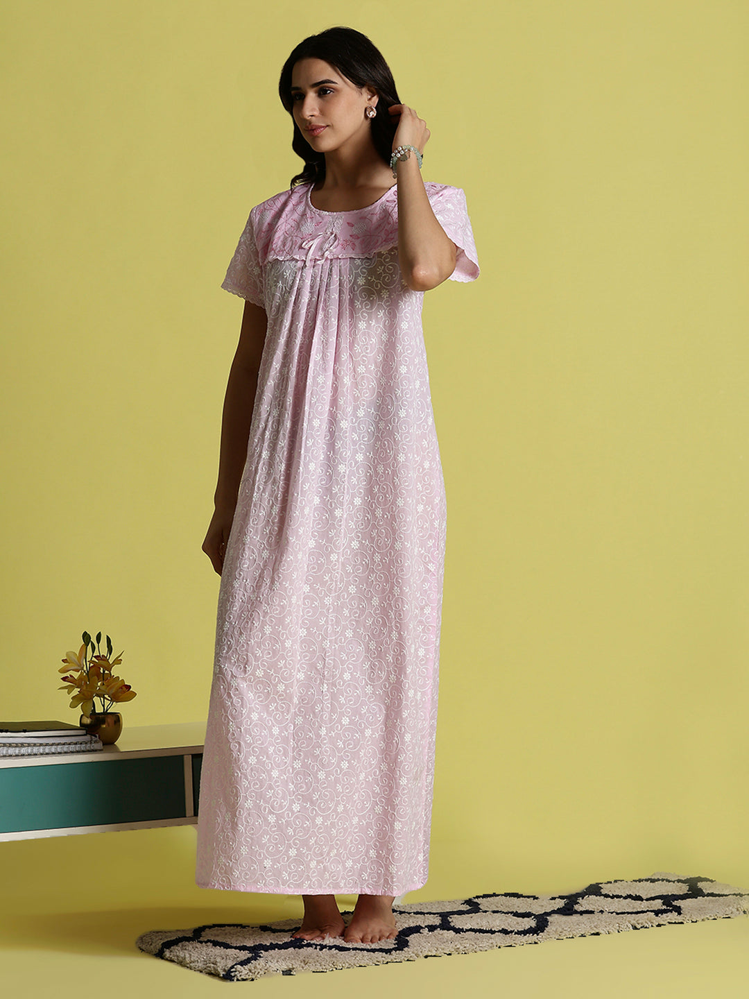 Powder Rose Cotton Chikankari Nighty For Women with Pleats and Side Pocket
