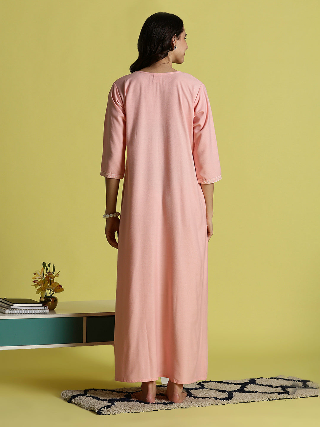 Sadabahar Peach Pink Alpine Embroidered Nighty for Women with Side Pocket