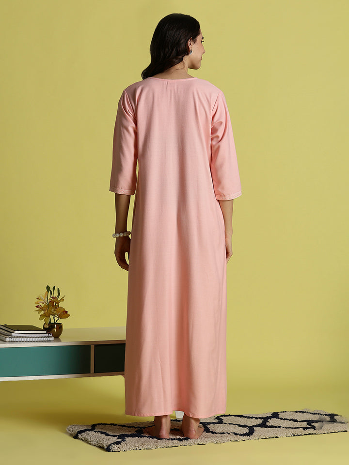 Sadabahar Peach Pink Alpine Embroidered Nighty for Women with Side Pocket