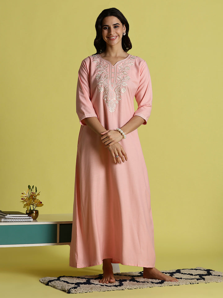 Sadabahar Peach Pink Alpine Embroidered Nighty for Women with Side Pocket