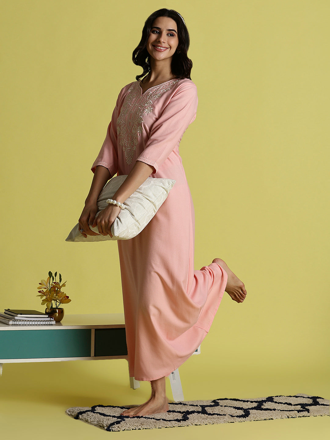 Sadabahar Peach Pink Alpine Embroidered Nighty for Women with Side Pocket