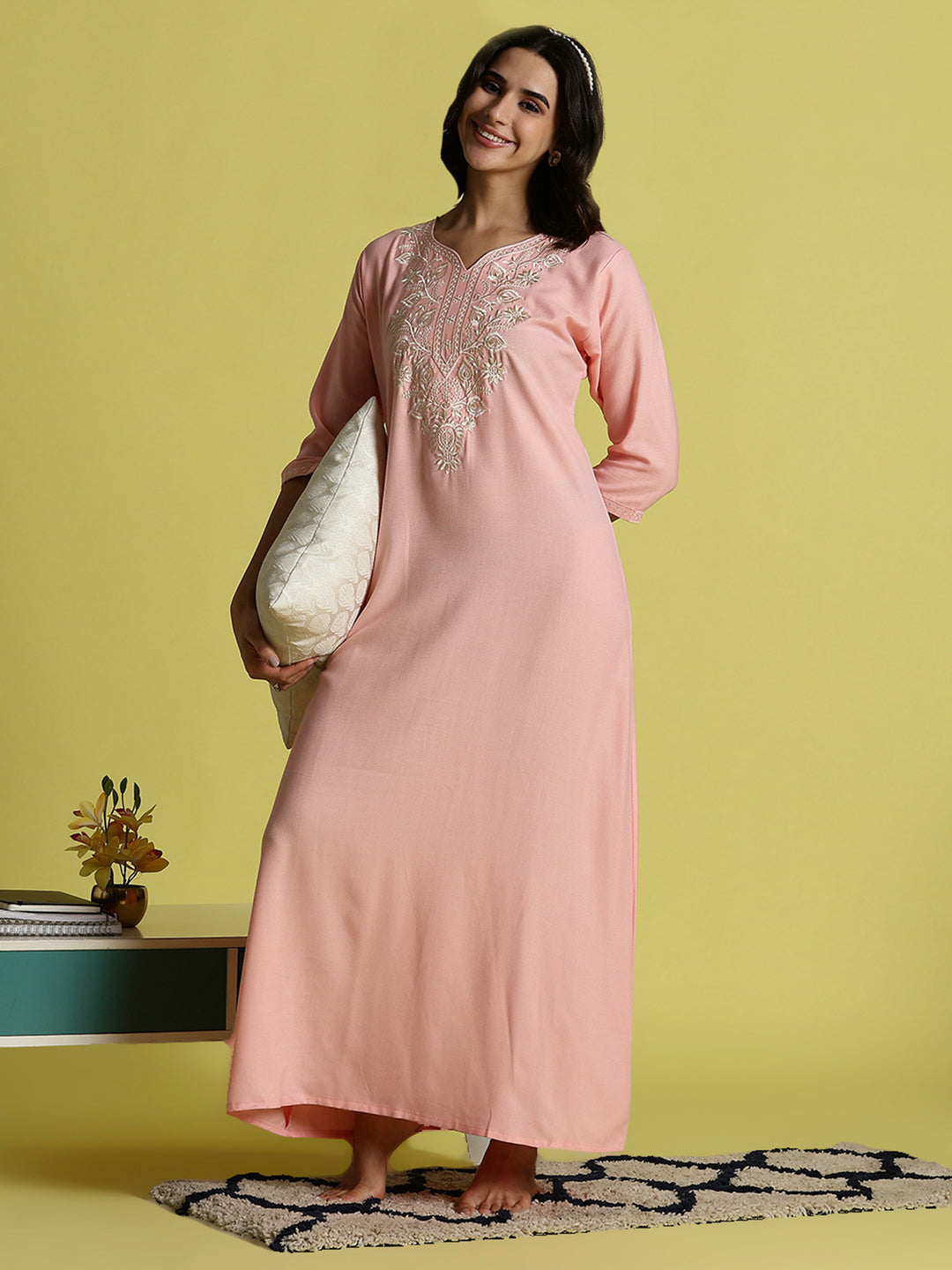Sadabahar Peach Pink Alpine Embroidered Nighty for Women with Side Pocket