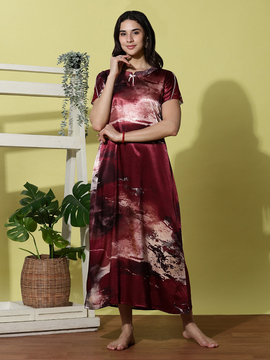 Ruby Smoke Satin Designer Nighty for Women Silky and Luxurious