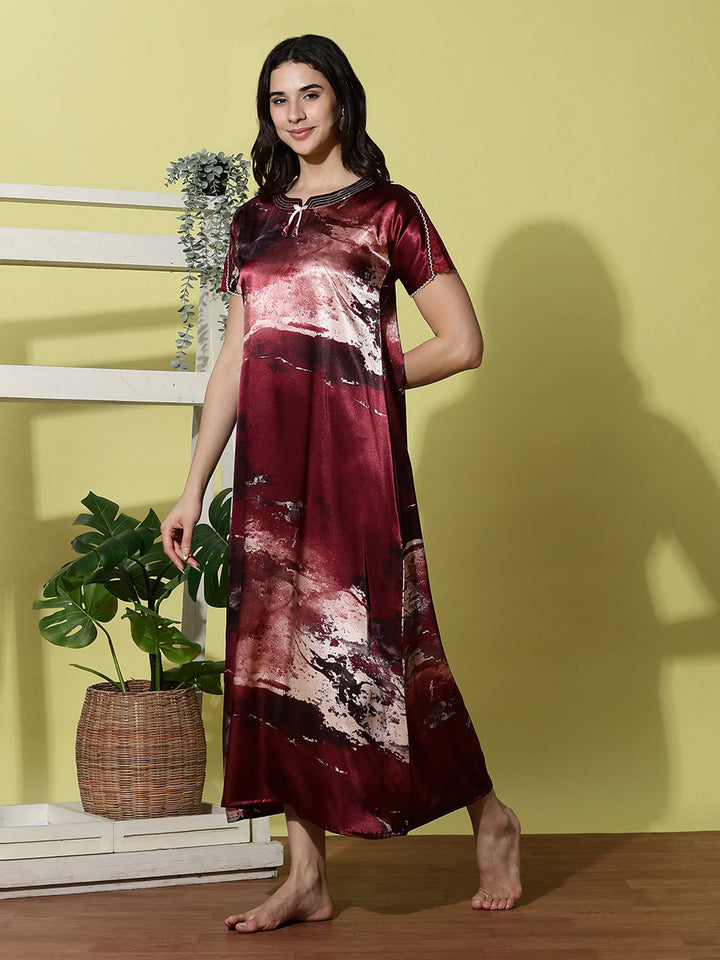 Ruby Smoke Satin Designer Nighty for Women Silky and Luxurious