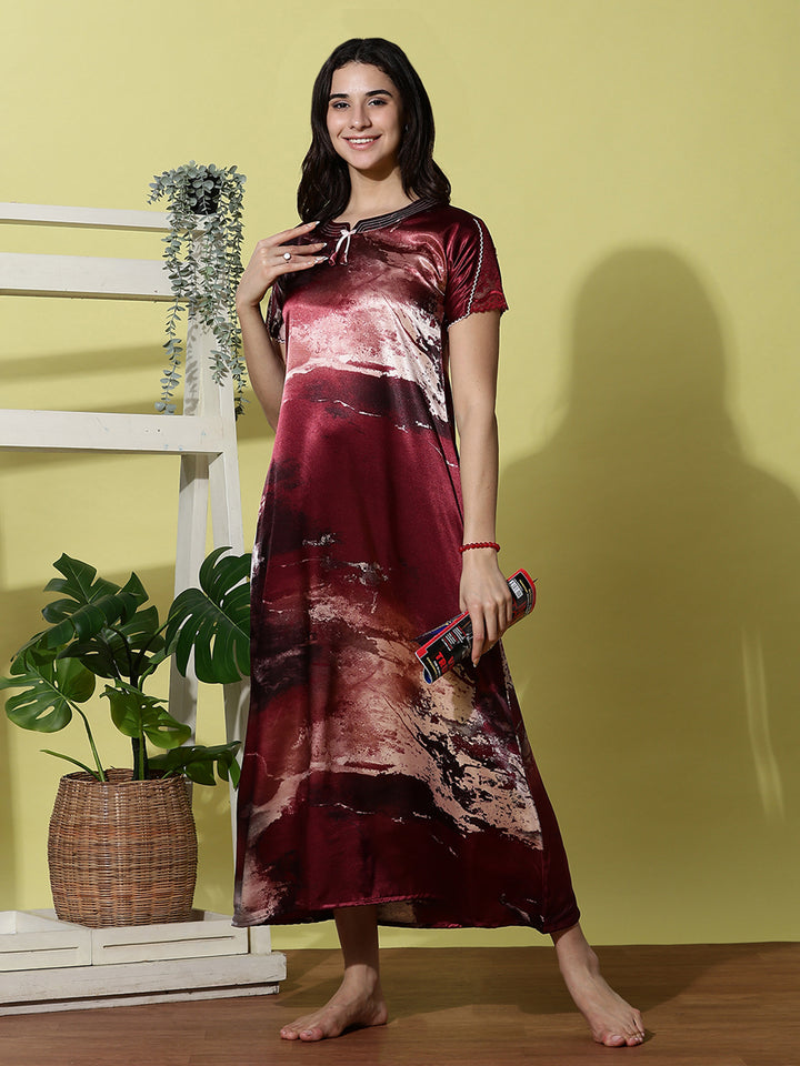 Ruby Smoke Satin Designer Nighty for Women Silky and Luxurious