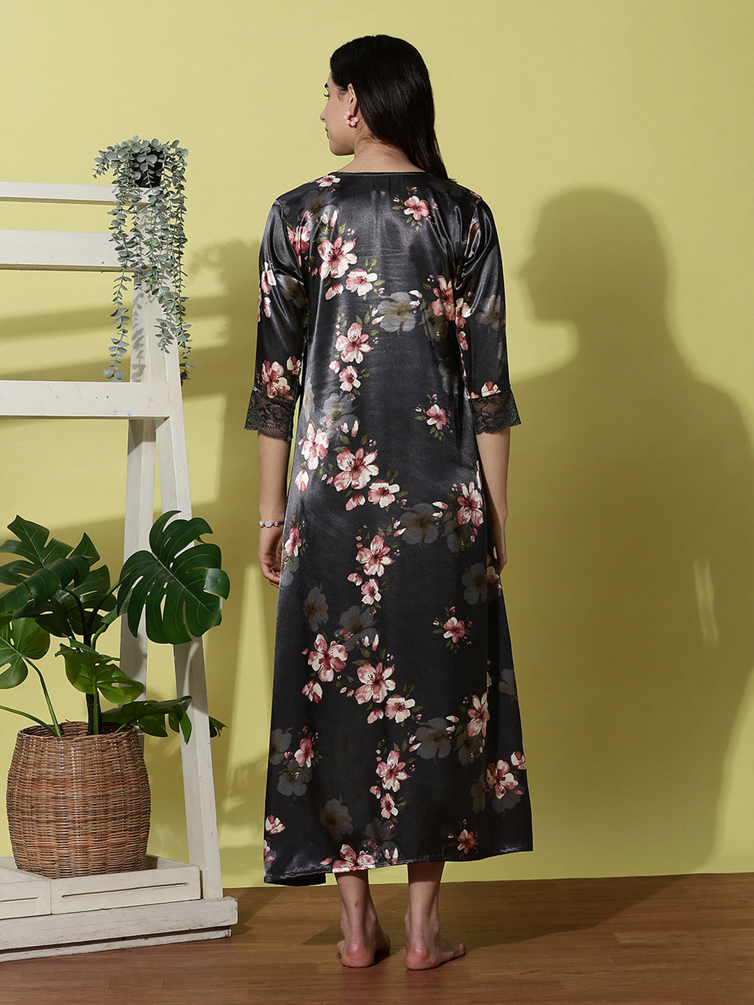 Dark Slate Satin Floral Nightdress for Women with Elegant Lace Detailing