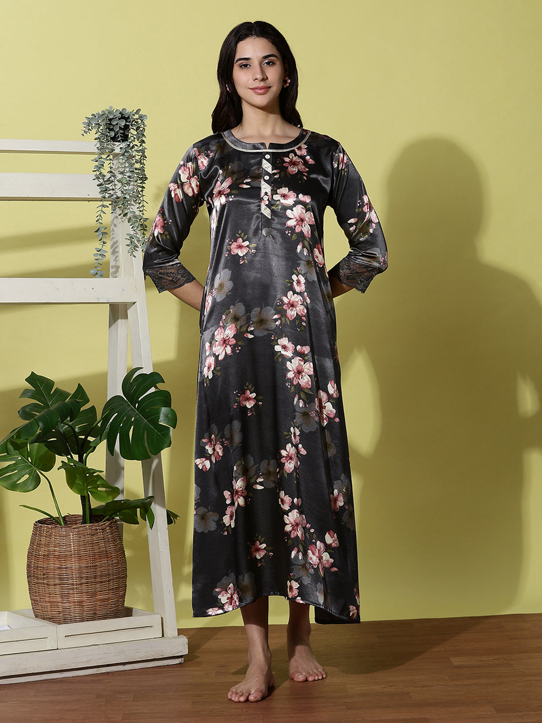 Dark Slate Satin Floral Nightdress for Women with Elegant Lace Detailing