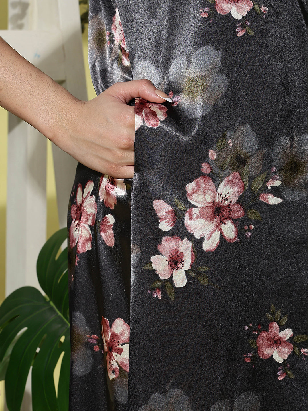 Dark Slate Satin Floral Nightdress for Women with Elegant Lace Detailing