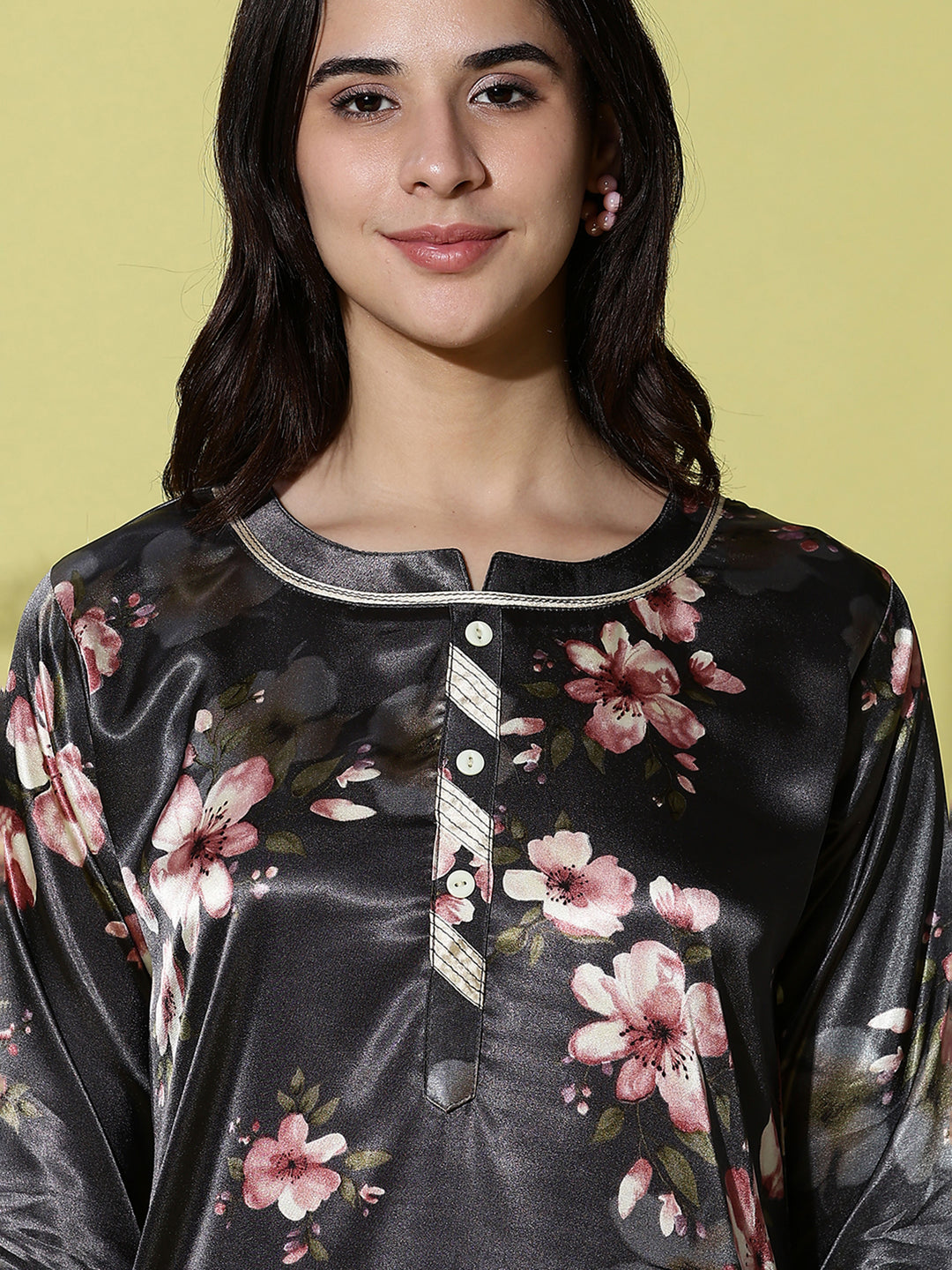 Dark Slate Satin Floral Nightdress for Women with Elegant Lace Detailing