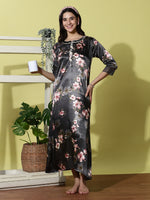 Dark Slate Satin Floral Nightdress for Women with Elegant Lace Detailing