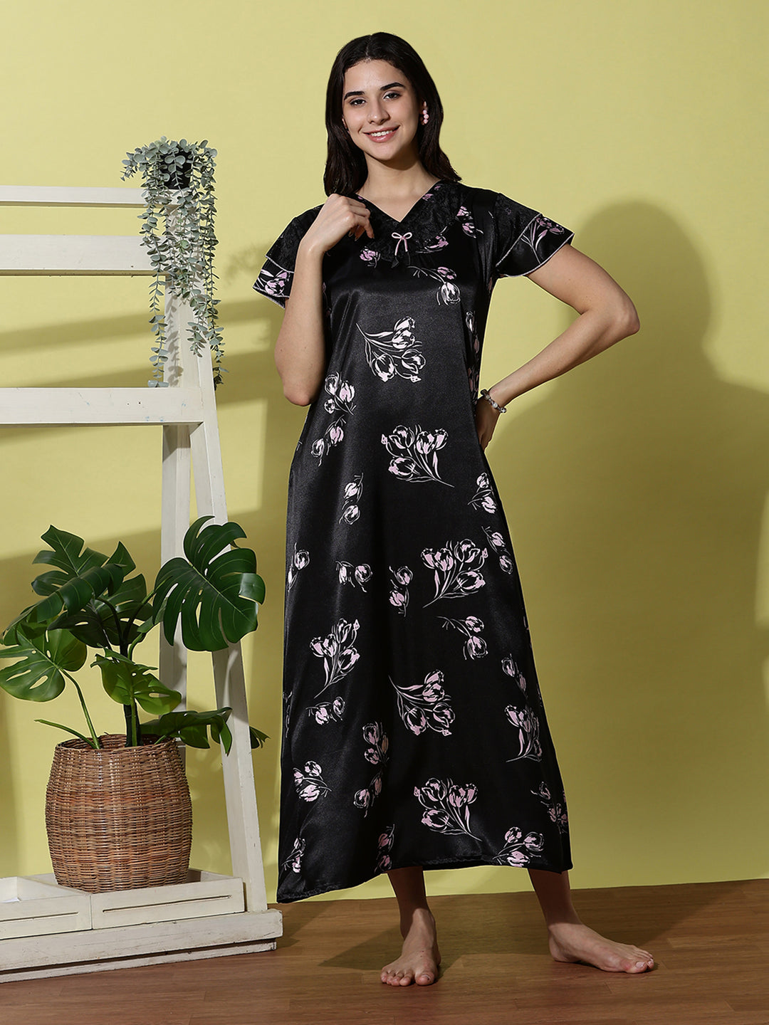 Black Tulip Satin Designer Nighty for Women Elegant and Soft