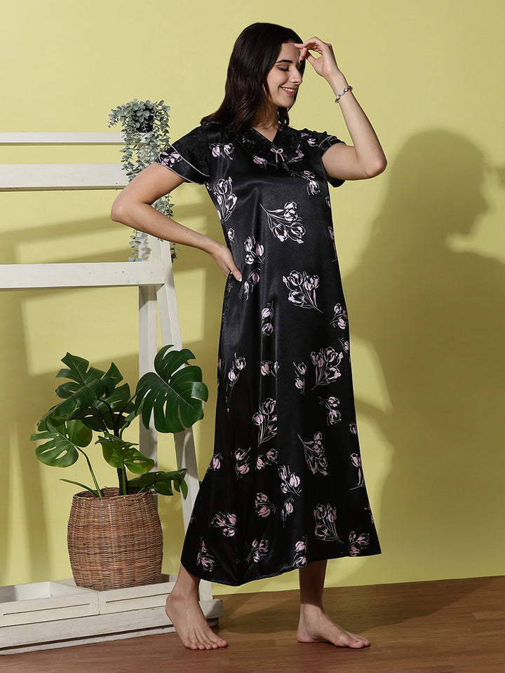 Black Tulip Satin Designer Nighty for Women Elegant and Soft