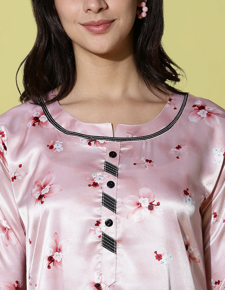 Powder Pink Floral Satin Nightdress for Women with Lace Cuff Detailing