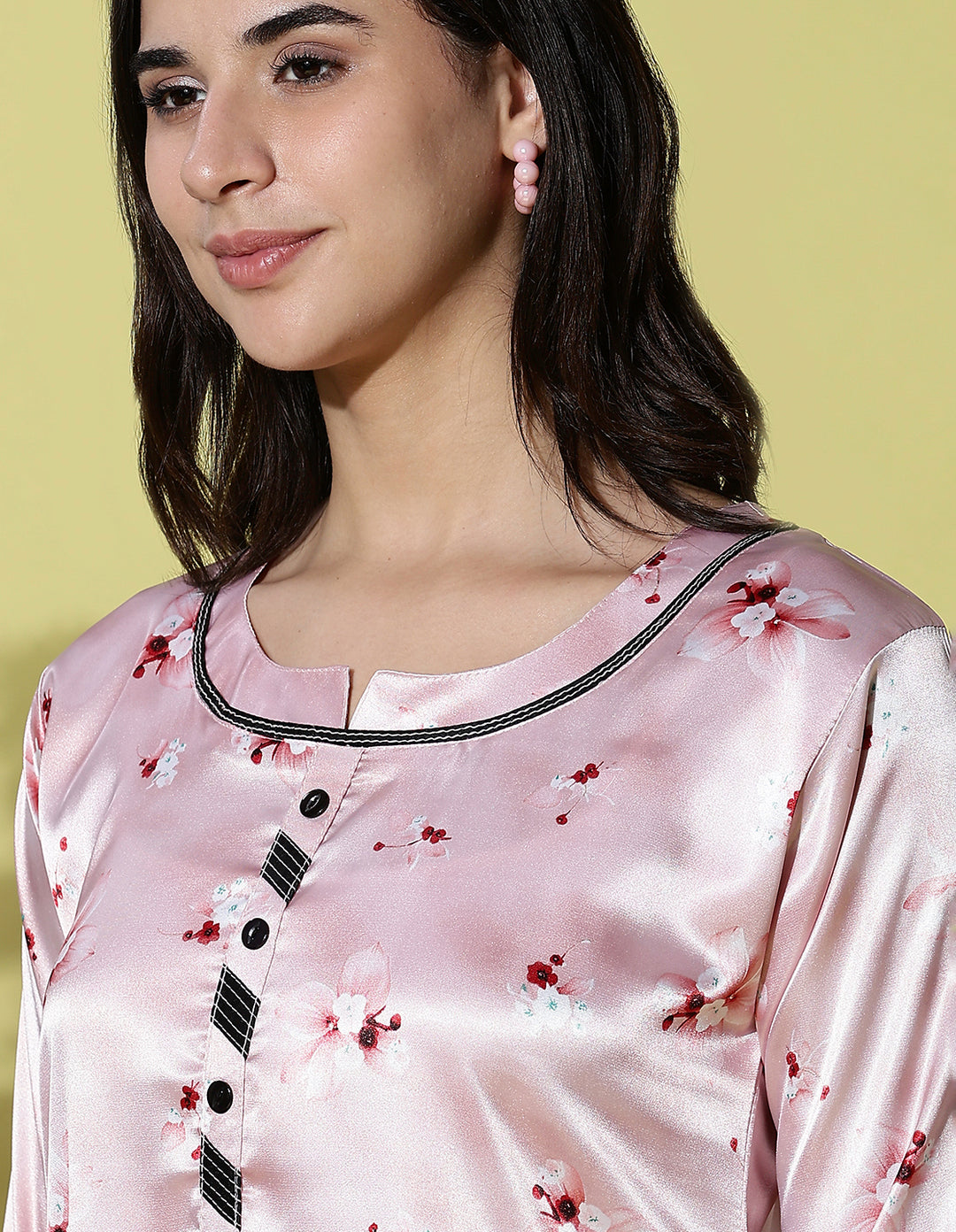 Powder Pink Floral Satin Nightdress for Women with Lace Cuff Detailing