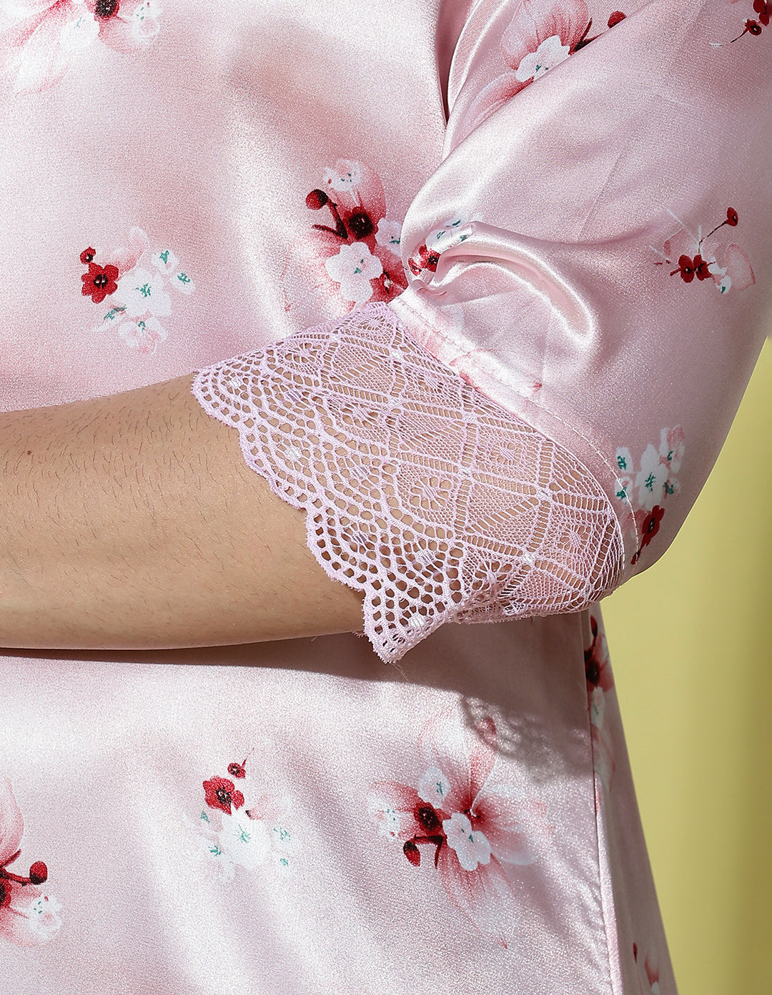 Powder Pink Floral Satin Nightdress for Women with Lace Cuff Detailing