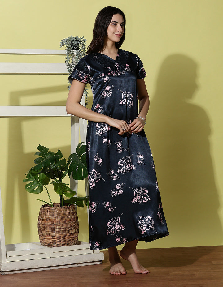 Navy Blue Satin Designer Nighty for Women Soft and Luxurious