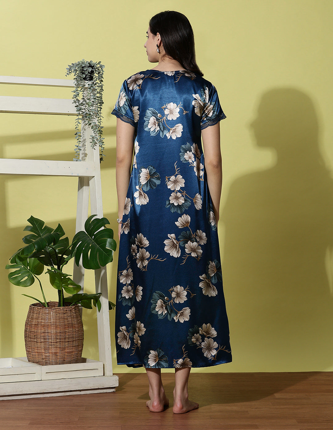 Ocean Blue Satin Nighty for Women with Floral Print and Lace Trim