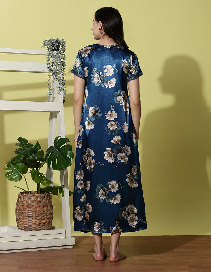 Ocean Blue Satin Nighty for Women with Floral Print and Lace Trim