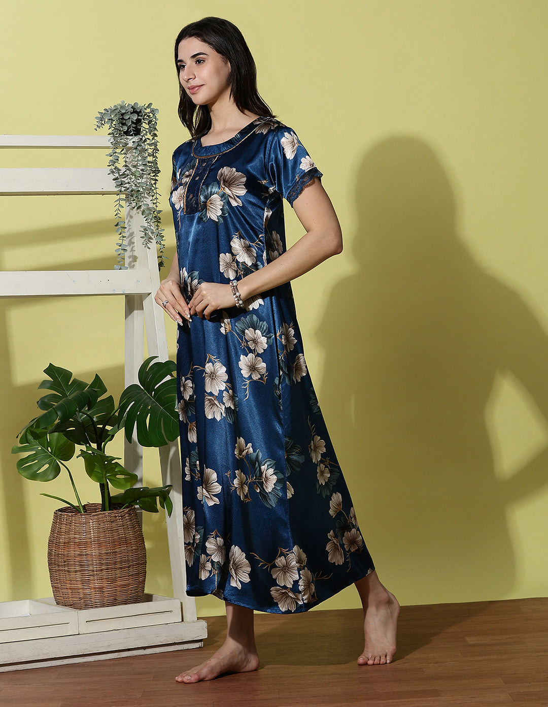 Ocean Blue Satin Nighty for Women with Floral Print and Lace Trim