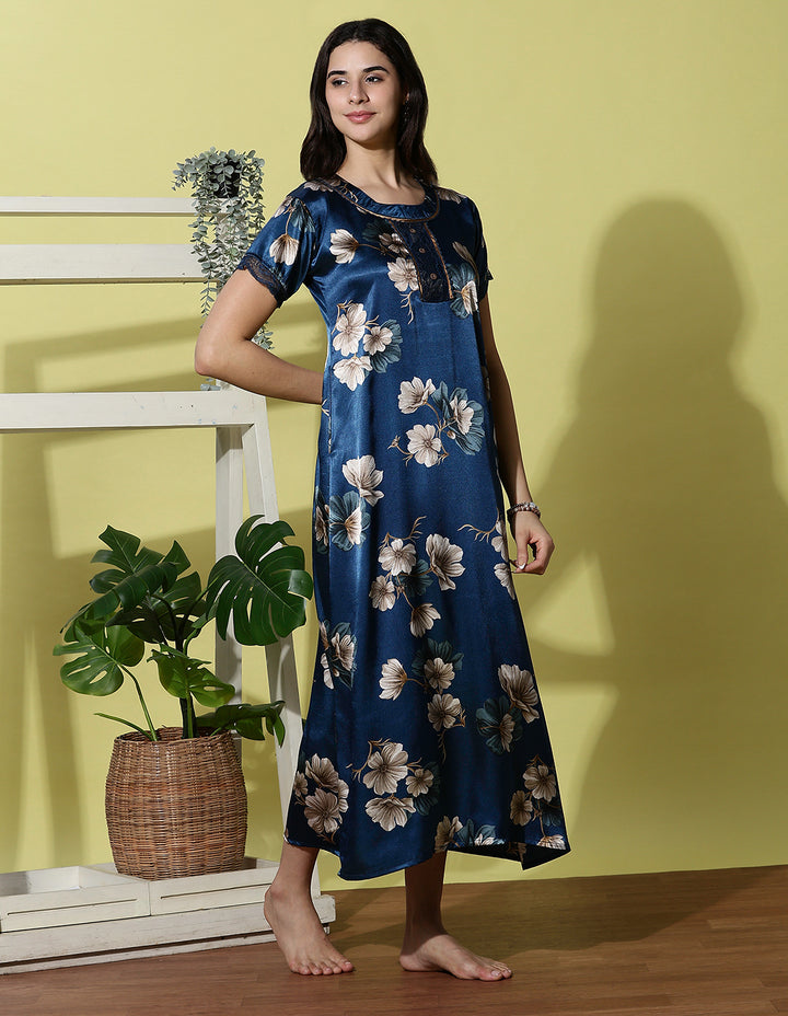 Ocean Blue Satin Nighty for Women with Floral Print and Lace Trim