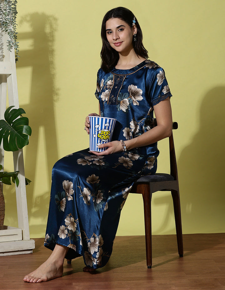 Ocean Blue Satin Nighty for Women with Floral Print and Lace Trim