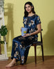 Ocean Blue Satin Nighty for Women with Floral Print and Lace Trim