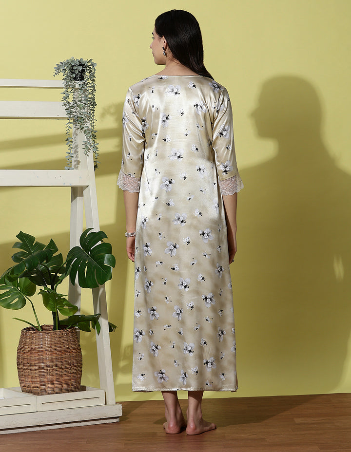 Light Beige Floral Satin Nightdress for Women with Elegant Lace Trim