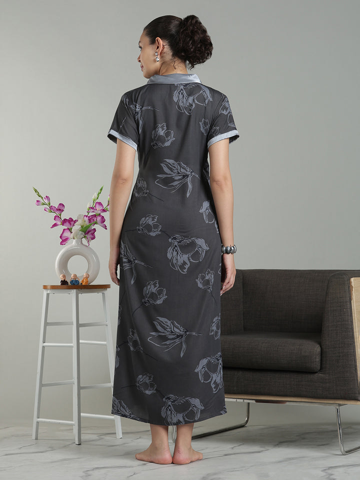 Charcoal Mist Viscose Blend Housecoat with Floral Sketch Print for Women