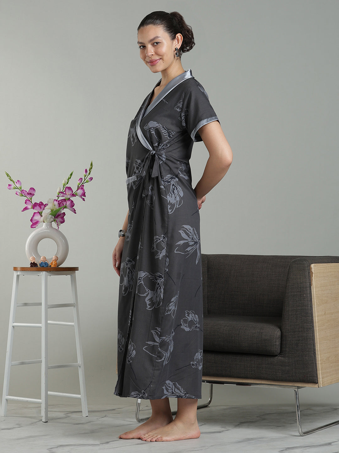 Charcoal Mist Viscose Blend Housecoat with Floral Sketch Print for Women
