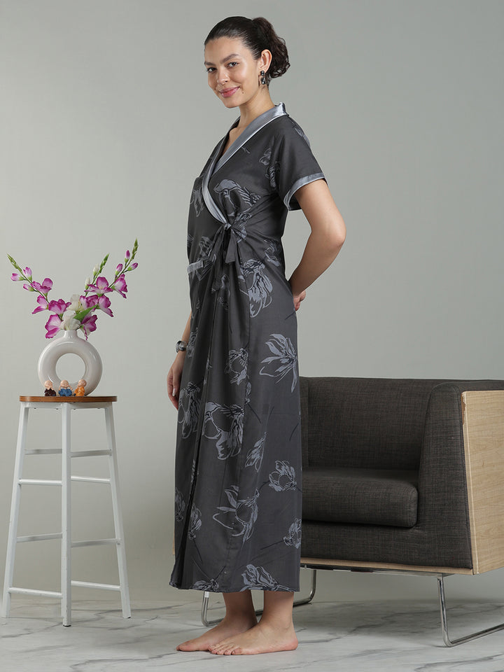 Charcoal Mist Viscose Blend Housecoat with Floral Sketch Print for Women