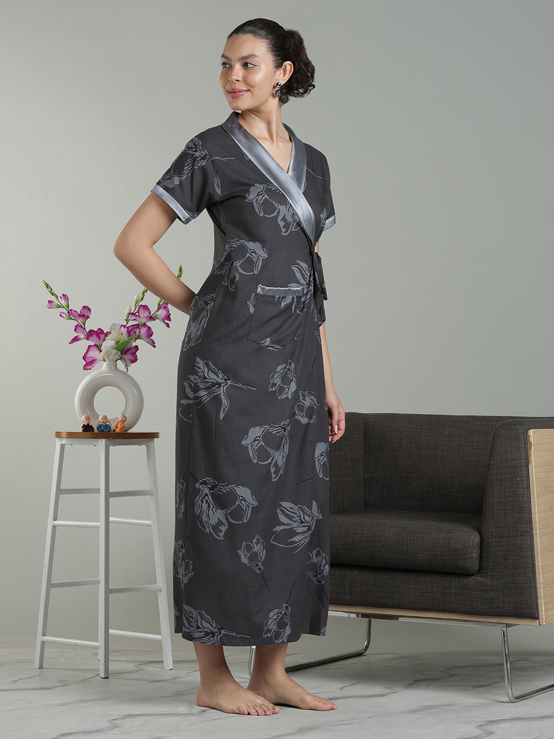 Charcoal Mist Viscose Blend Housecoat with Floral Sketch Print for Women