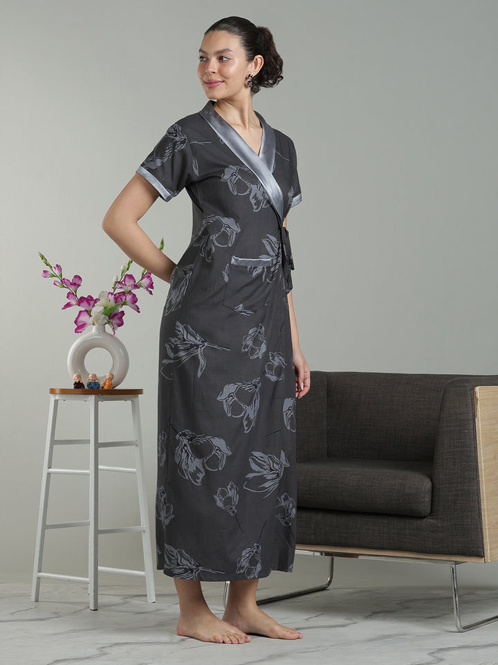 Charcoal Mist Viscose Blend Housecoat with Floral Sketch Print for Women