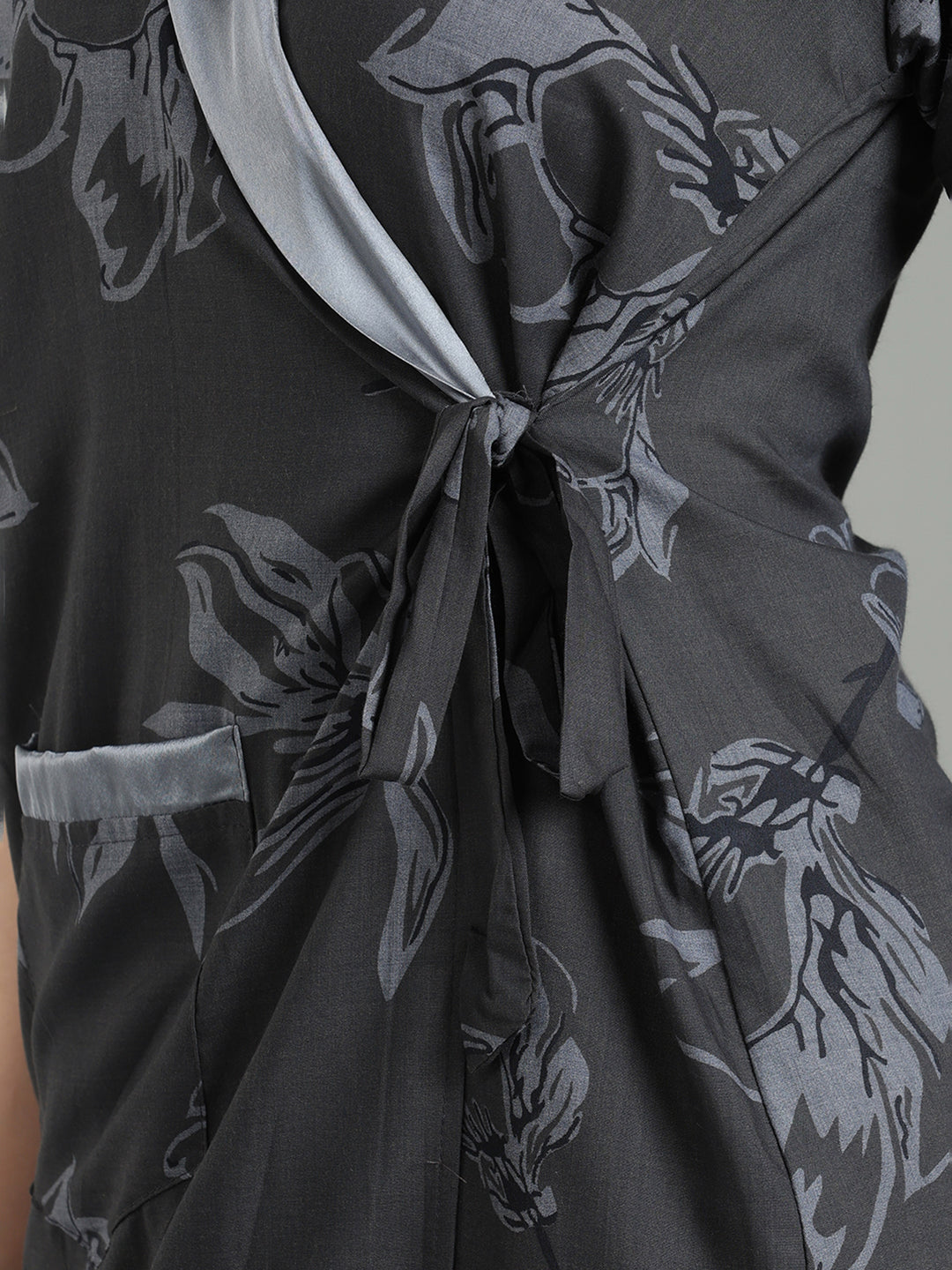Charcoal Mist Viscose Blend Housecoat with Floral Sketch Print for Women