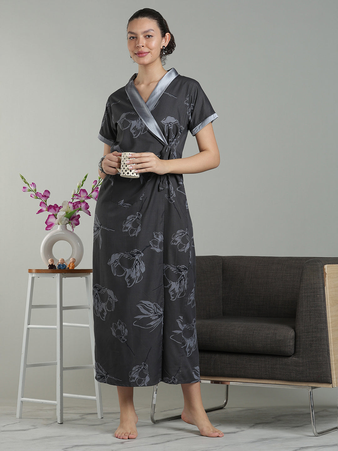Charcoal Mist Viscose Blend Housecoat with Floral Sketch Print for Women
