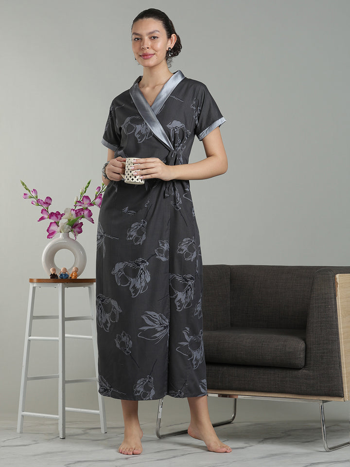 Charcoal Mist Viscose Blend Housecoat with Floral Sketch Print for Women